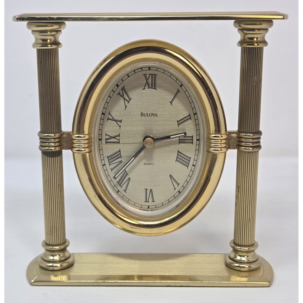 Vintage Bulova B1923 Quartz Alarm Desk Clock Goldtone Column German Movt Working